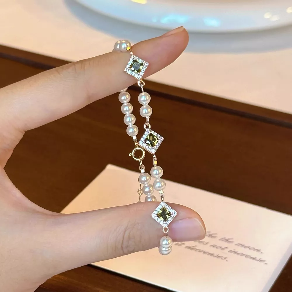 Pearl Zircon Chain Geometric Bracelet, image 3