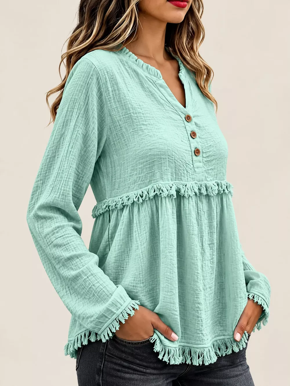 Full Size Frayed Hem Button Detail Blouse Plus Size, image 37