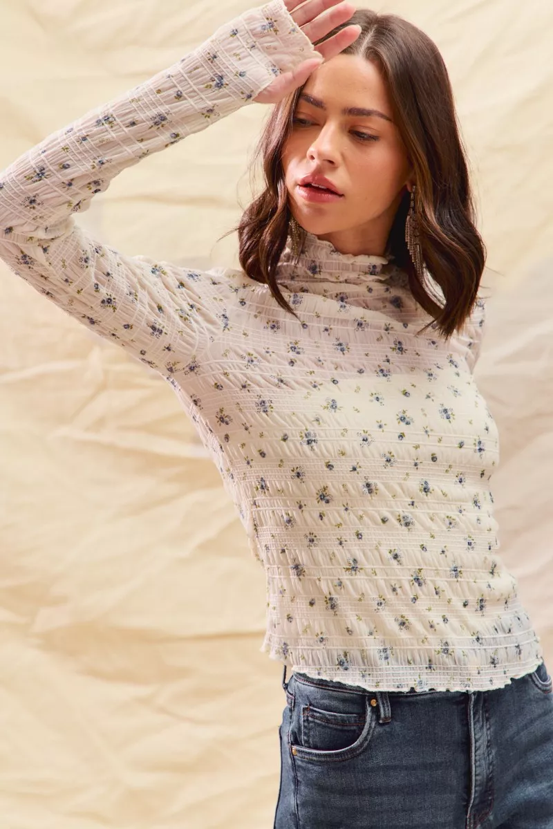 Floral Print Textured Long Sleeve Knit Top, image 4