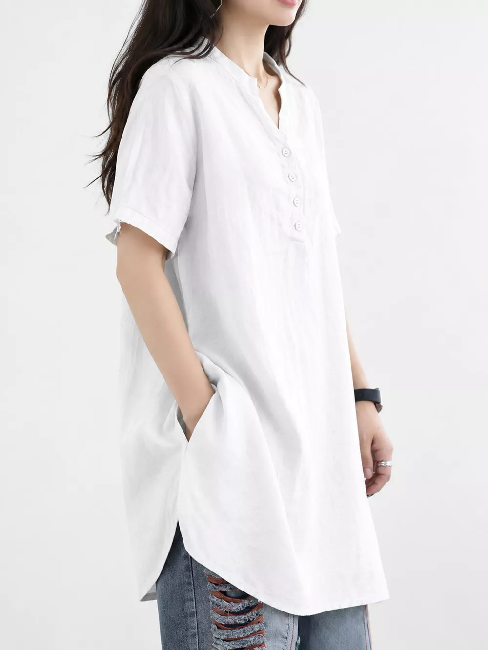 Full Size Notched Short Sleeve Oversize Blouse Plus Size, image 17