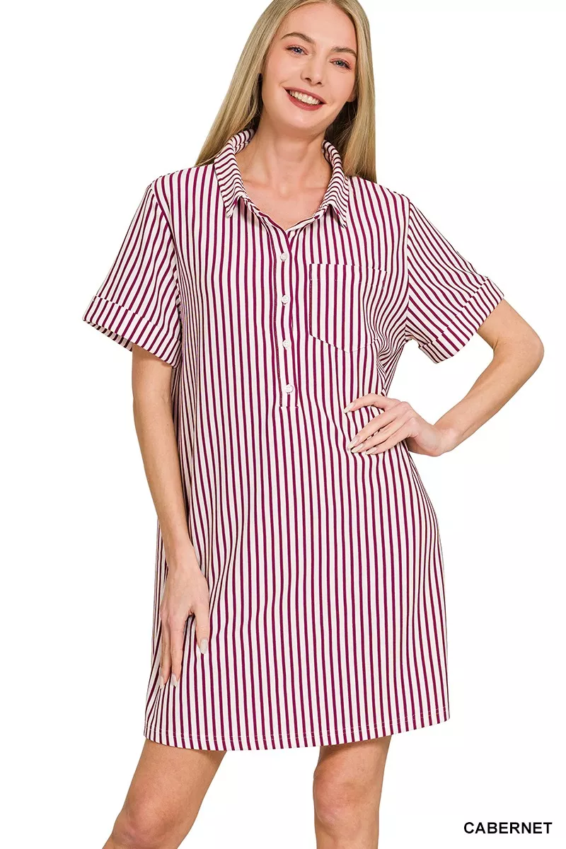 Stripe Collared Half Button Up T-Shirts Dress