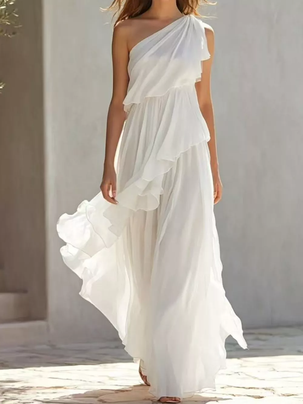 One-Shoulder Ruffled Chiffon Maxi Dress, image 6