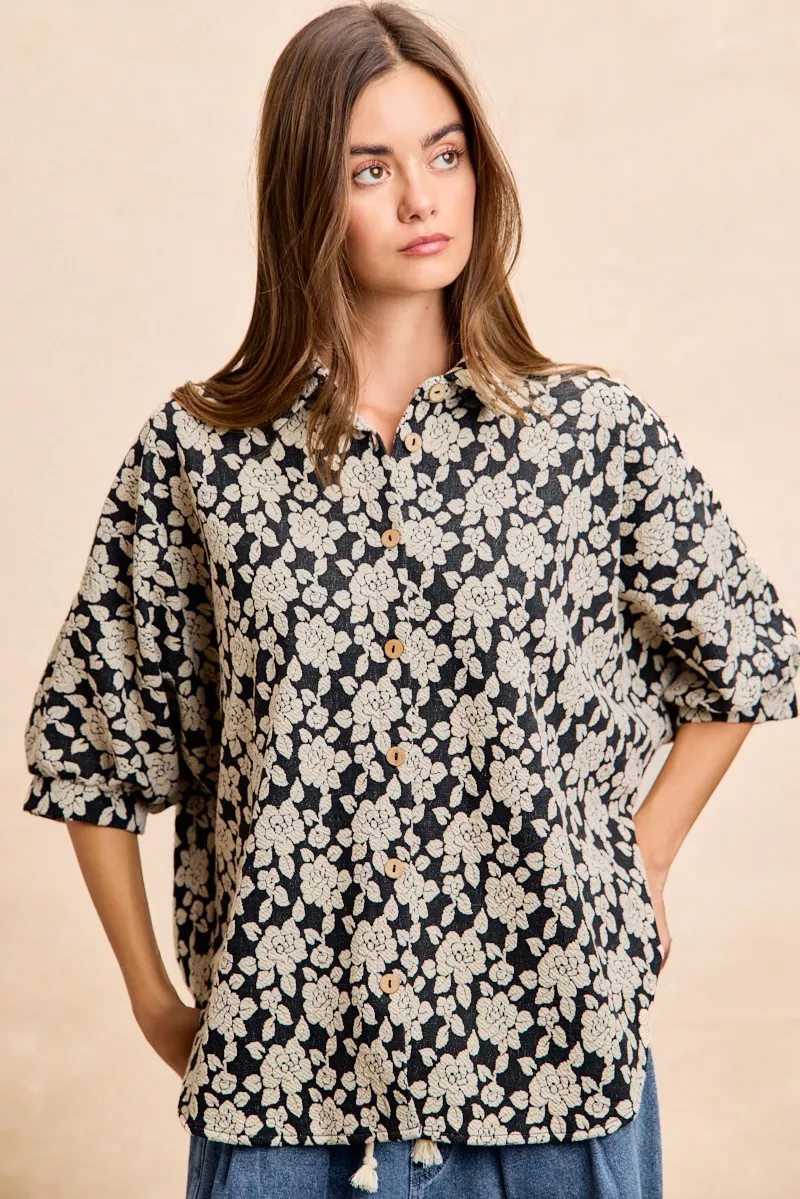 Floral Jacquard Short Dolman Sleeves Shirt, image 12