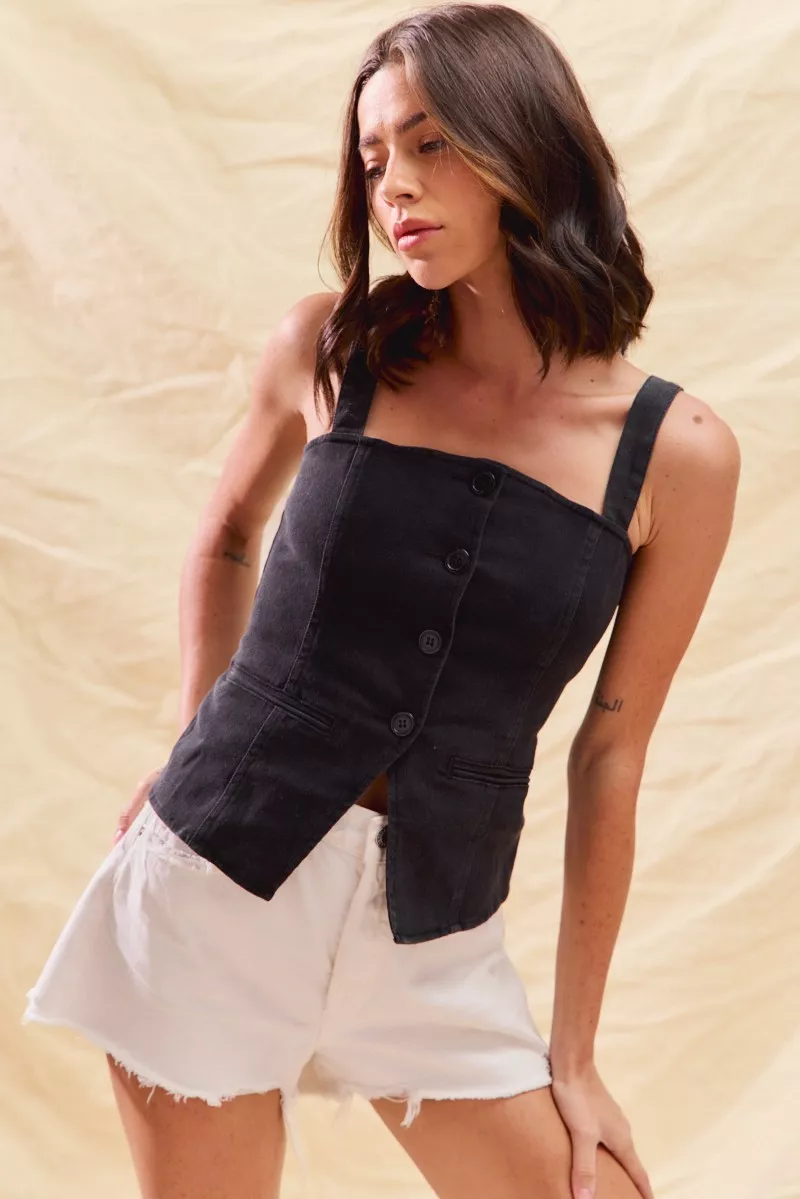 Button Down Sleeveless Game Day Fitted Denim Top, image 6