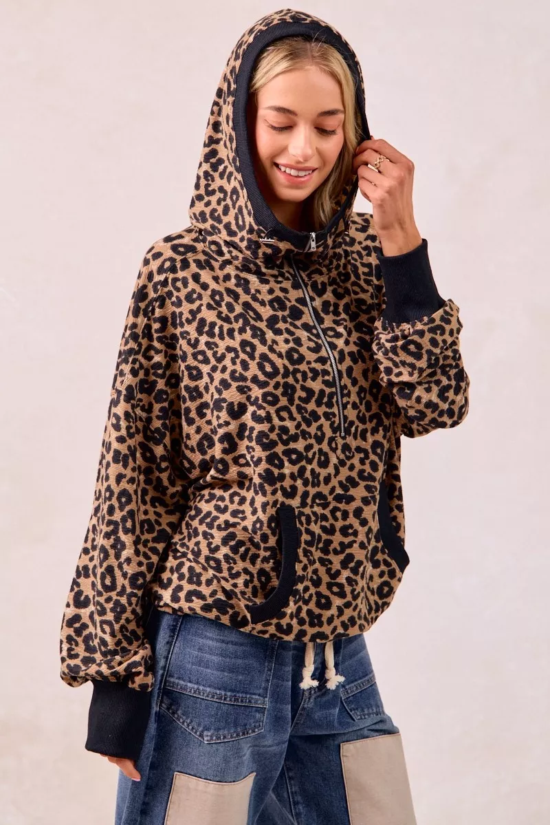 Leopard Print Waffle Half Zip Up Hoodie W Pocket, image 14