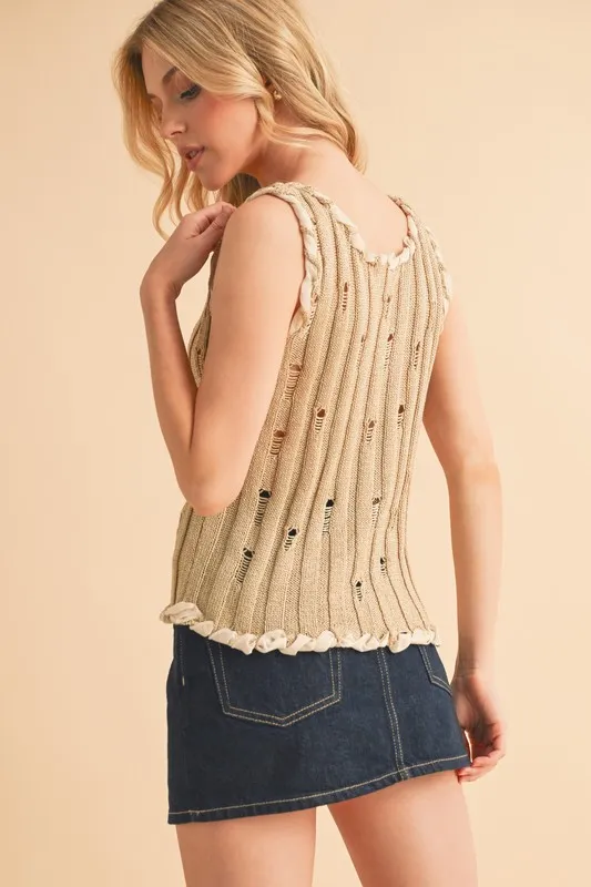Distressed Detail Round Neck Knit Tank, image 2