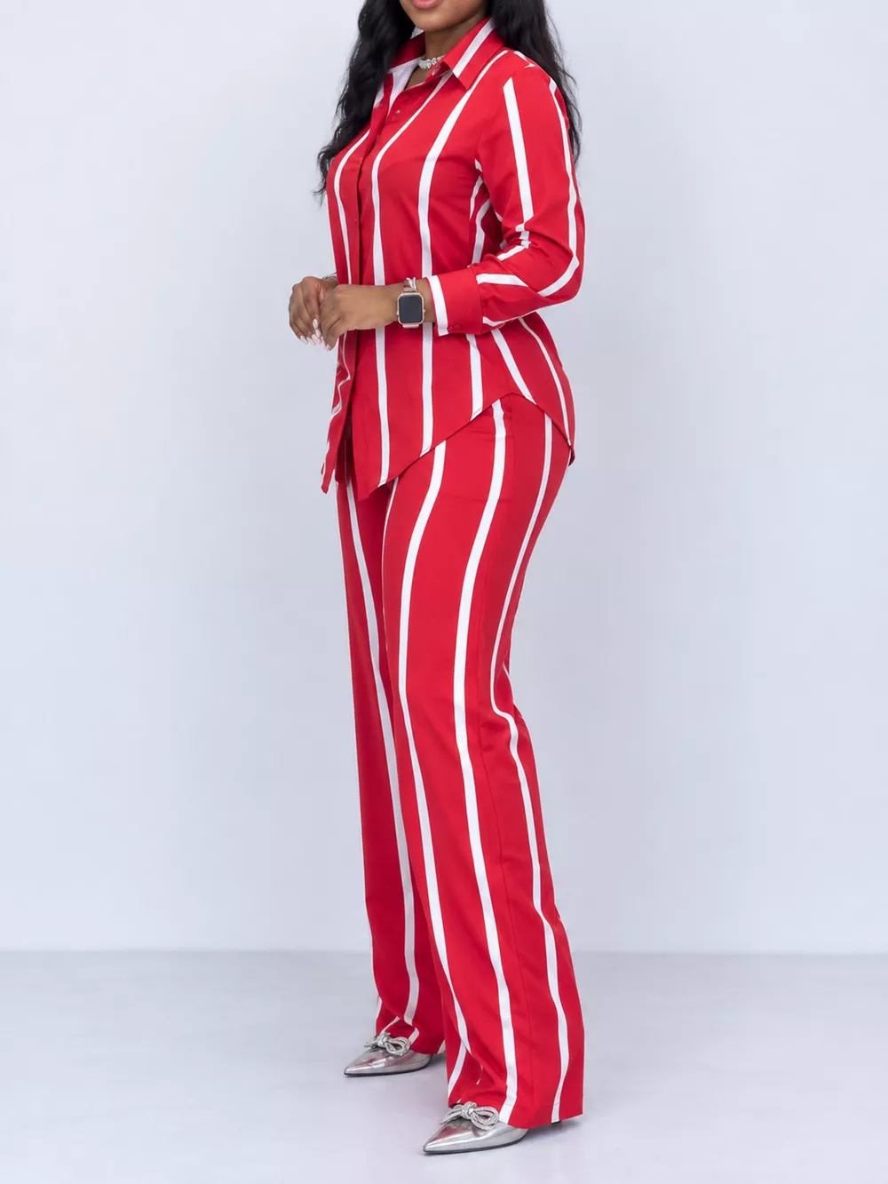 Striped Button-Down Shirt and Wide-Leg Pants Two-Piece Set, image 7