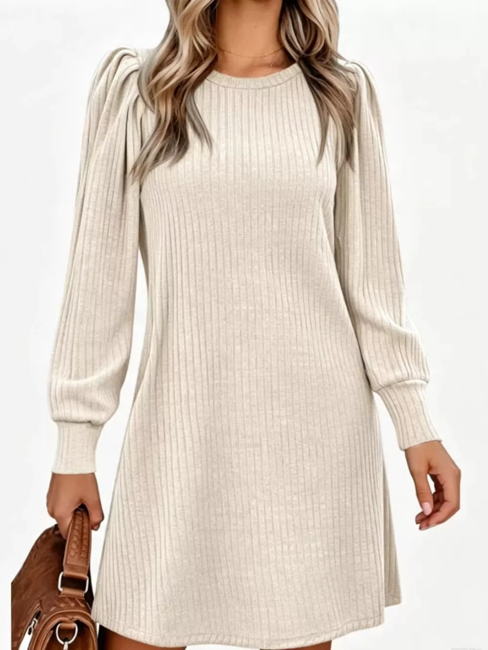 Puff Sleeve Ribbed Knit Dress with Pockets, image 15