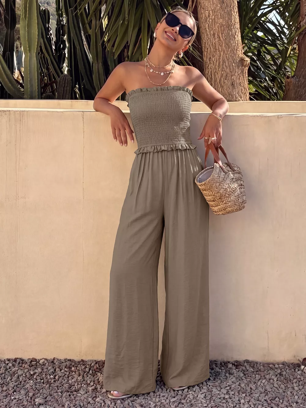 Smocked Strapless Wide Leg Jumpsuit, image 3