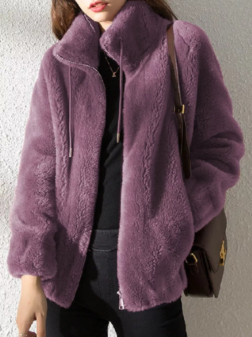 Full Size Drawstring Faux Fur Stand-Collar Zip-Up Outerwear Plus Size, image 18