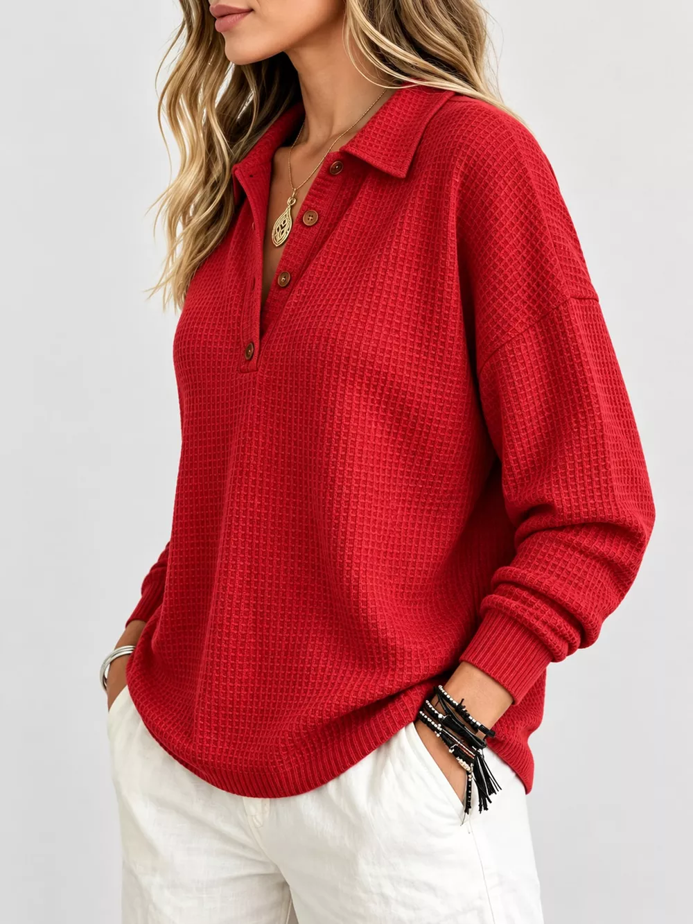 Full Size Waffle Knit Dropped Shoulder Top Plus Size, image 18