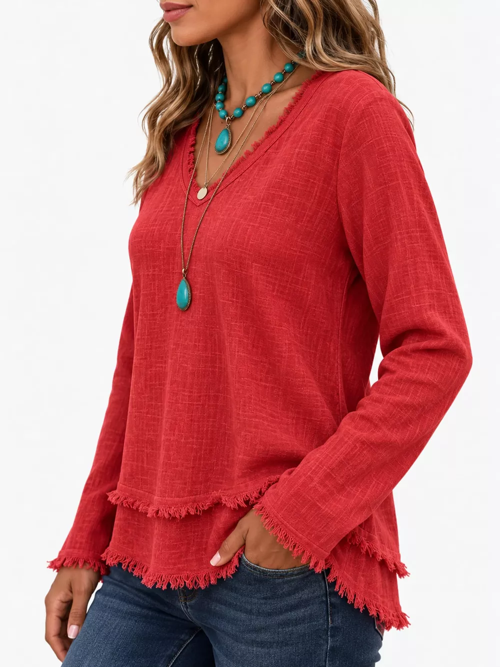 Full Size Frayed Hem V-Neck Blouse Plus Size, image 27