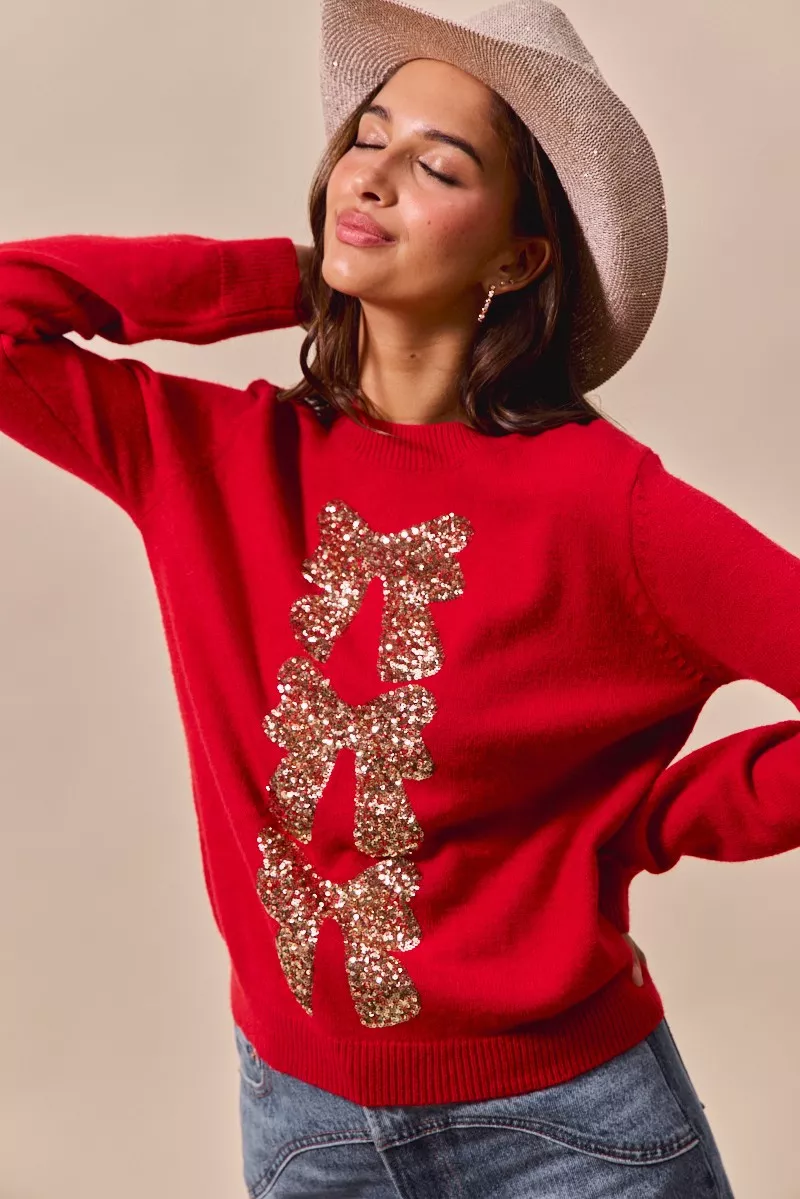 Sequins Bow Ribbon Embellished Christmas Sweater, image 3