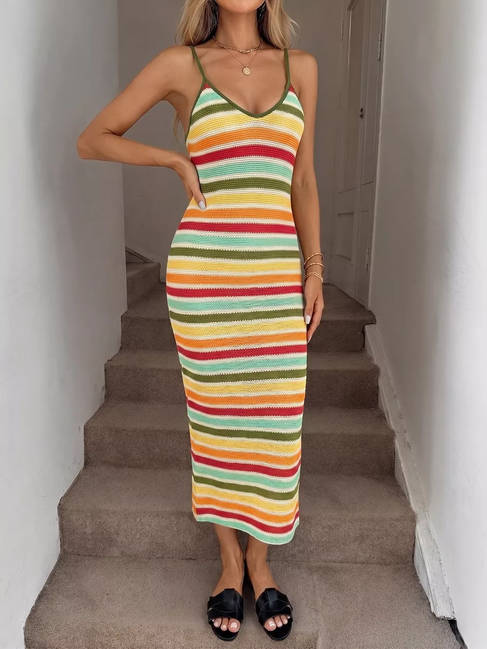 Striped Bodycon Knit Midi Dress, image 2