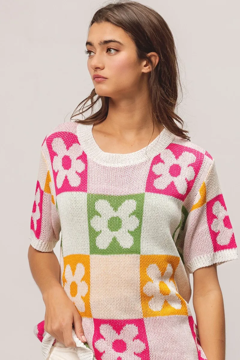 Flower Checker Pattern Lightweight Sweater Top, image 14