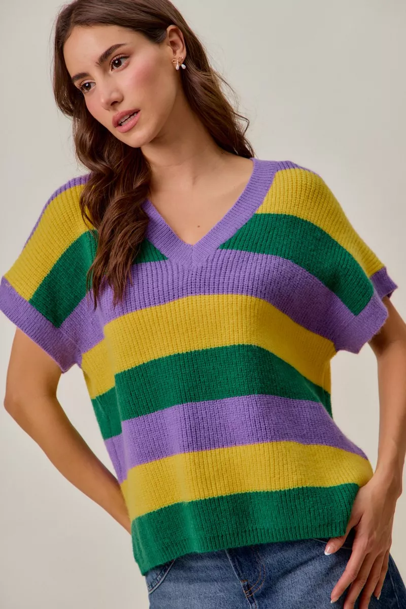 Mardi Gras Loose Fit V Neck Stripe Sweater Top, image 4