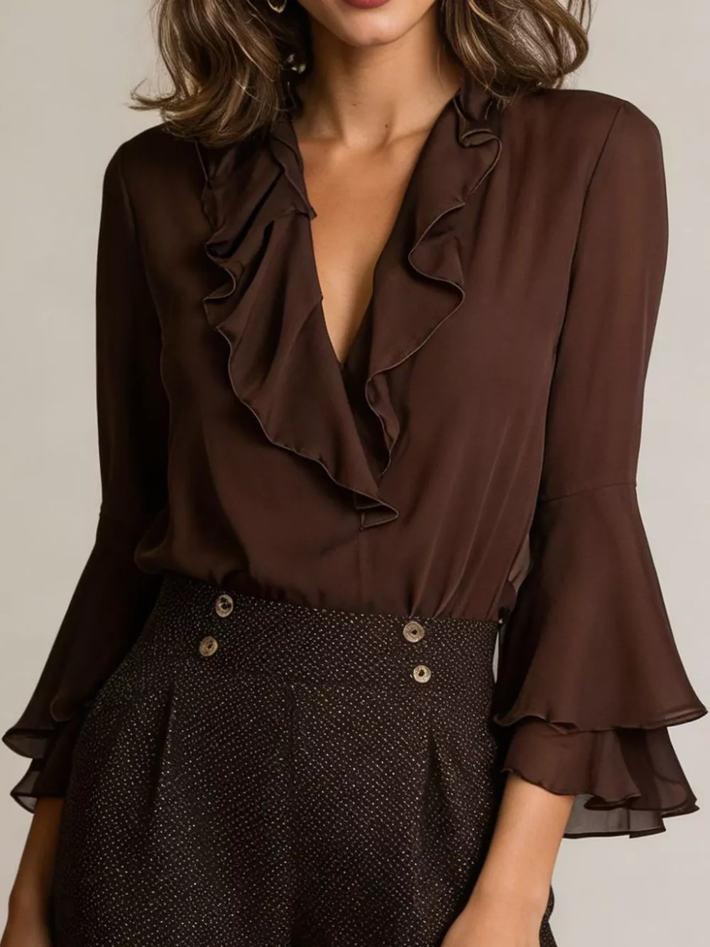 Ruffle-Trim V-Neck Blouse with Bell Sleeves, image 9