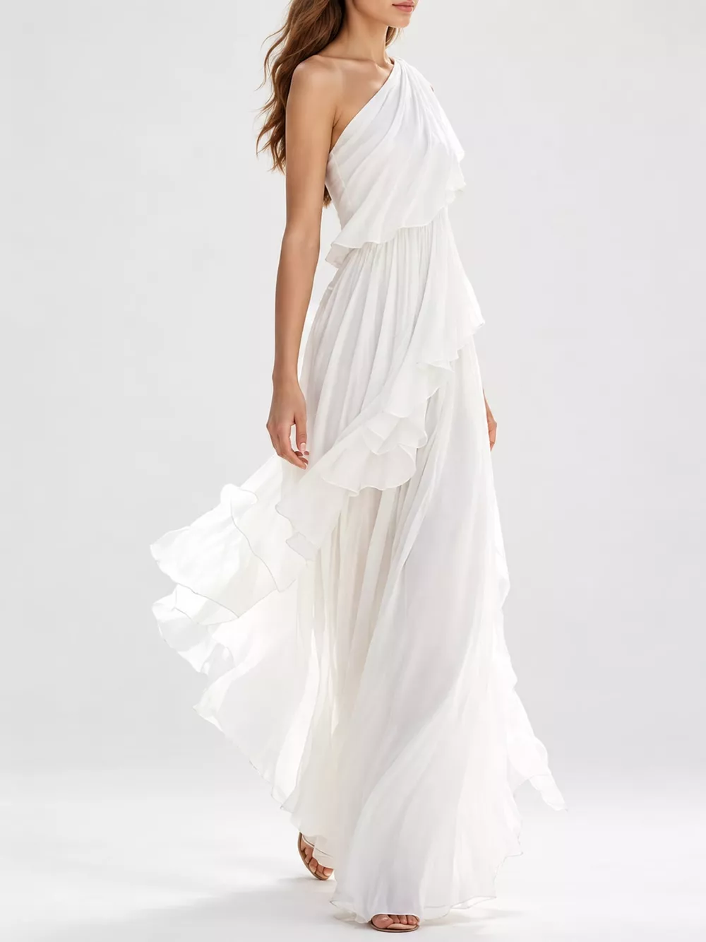 One-Shoulder Ruffled Chiffon Maxi Dress, image 7