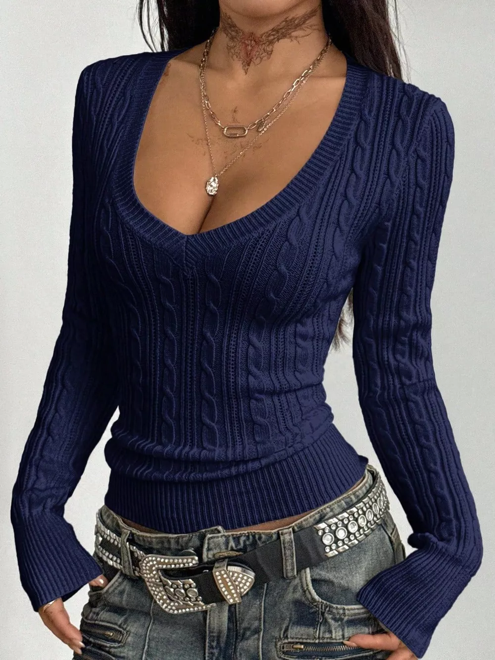 Slim-Fit Deep V-Neck Cable Knit Sweater, image 16