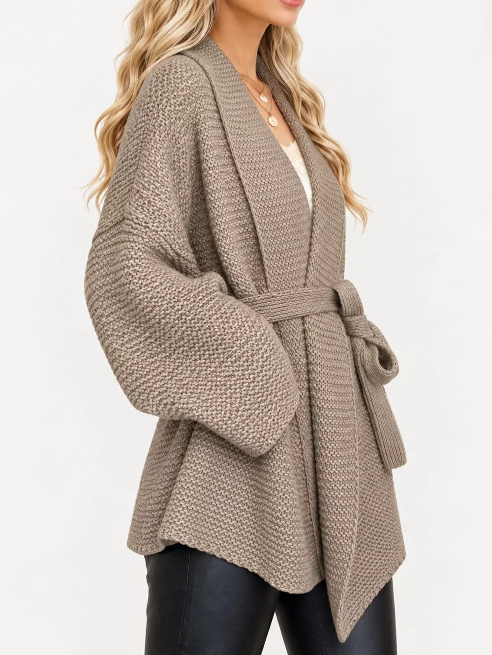 Full Size Belted Open-Front Knit Cardigan Plus Size, image 2