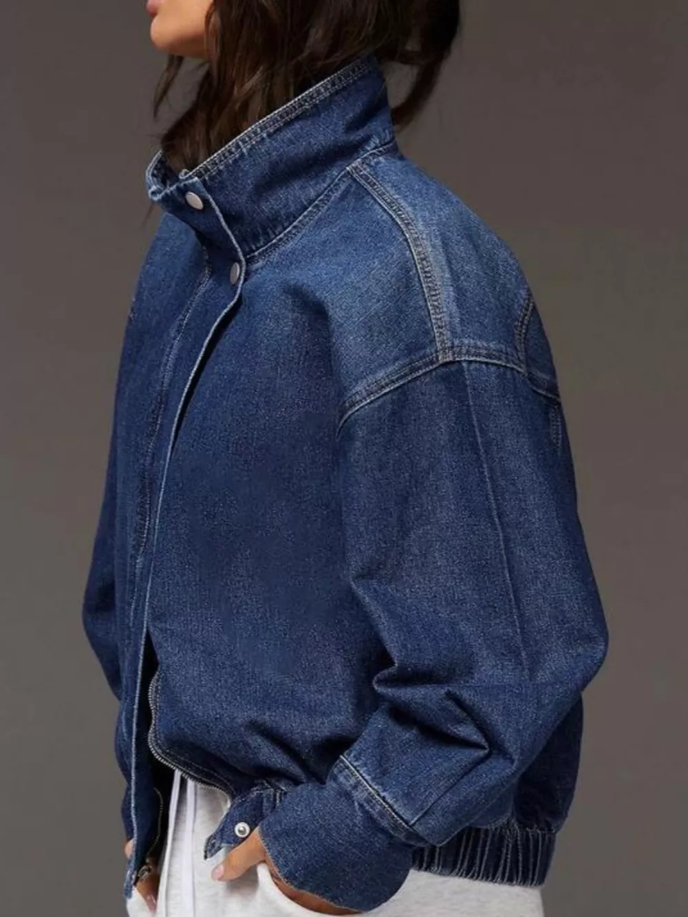 Stand-Collar Zip-Up Denim Jacket, image 2