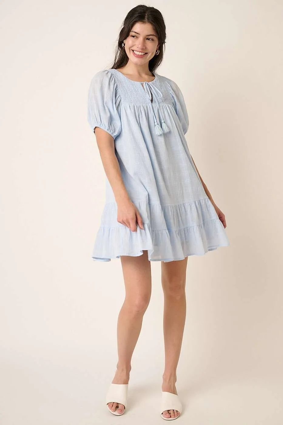 Tassel Tie Plaid Gauze Short Sleeve Mini Dress, image 5