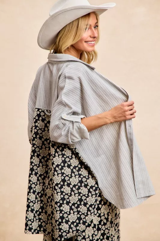 Stripes Jacquard Floral Mix And Match Shirt Top, image 10