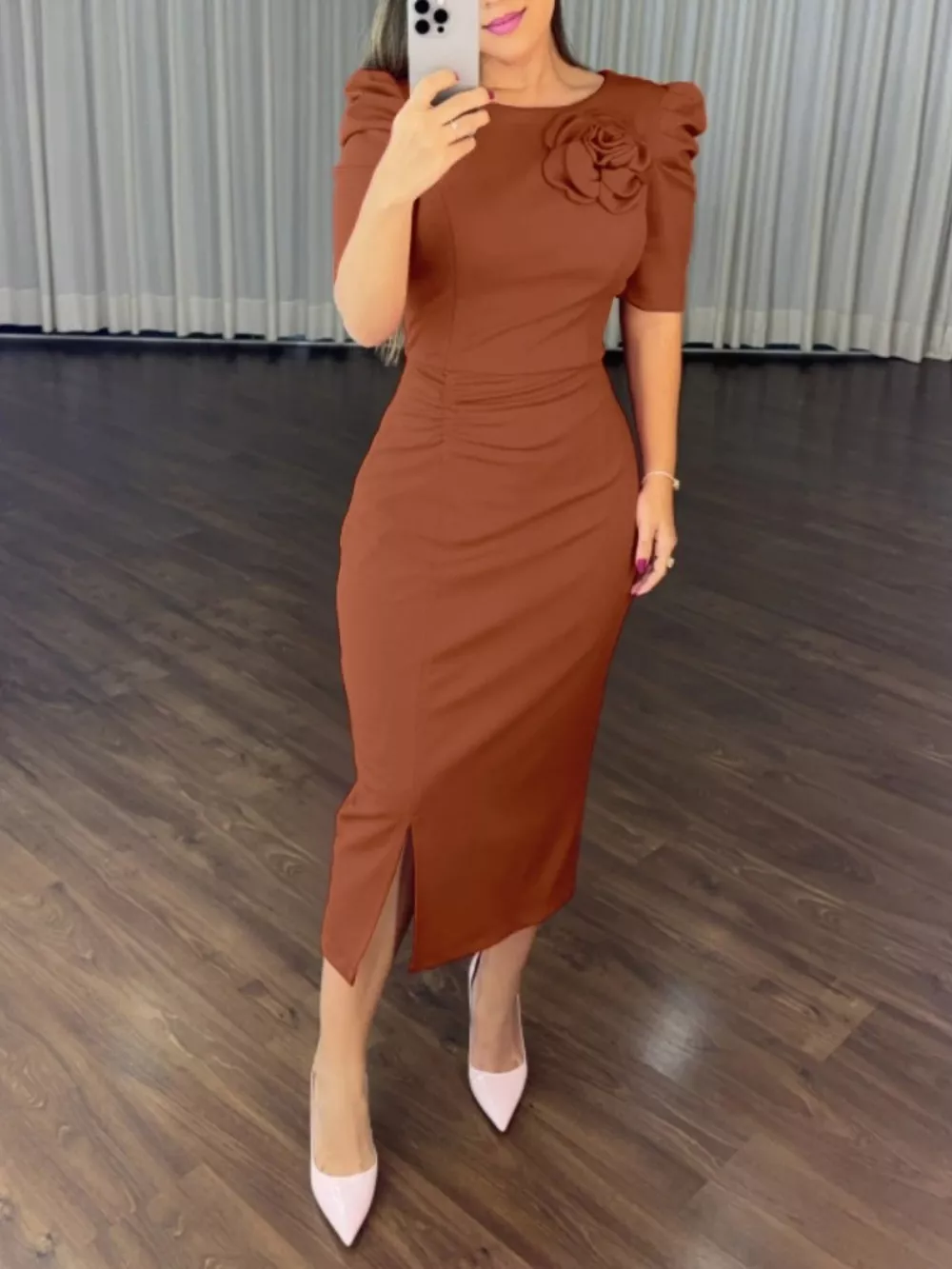 Floral Short Sleeve Ruched Bodycon Midi Dress