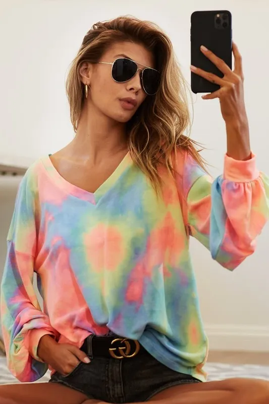 Tie Dye French Terry V Neck Top, image 8