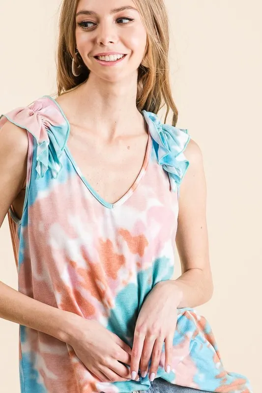 Circular Tie Dye Knit V Neck Top With Ruffle, image 8