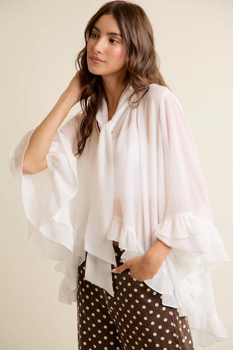 Sheer Ruffle Bell Sleeves Bow Tie Flowy Blouse Top, image 6