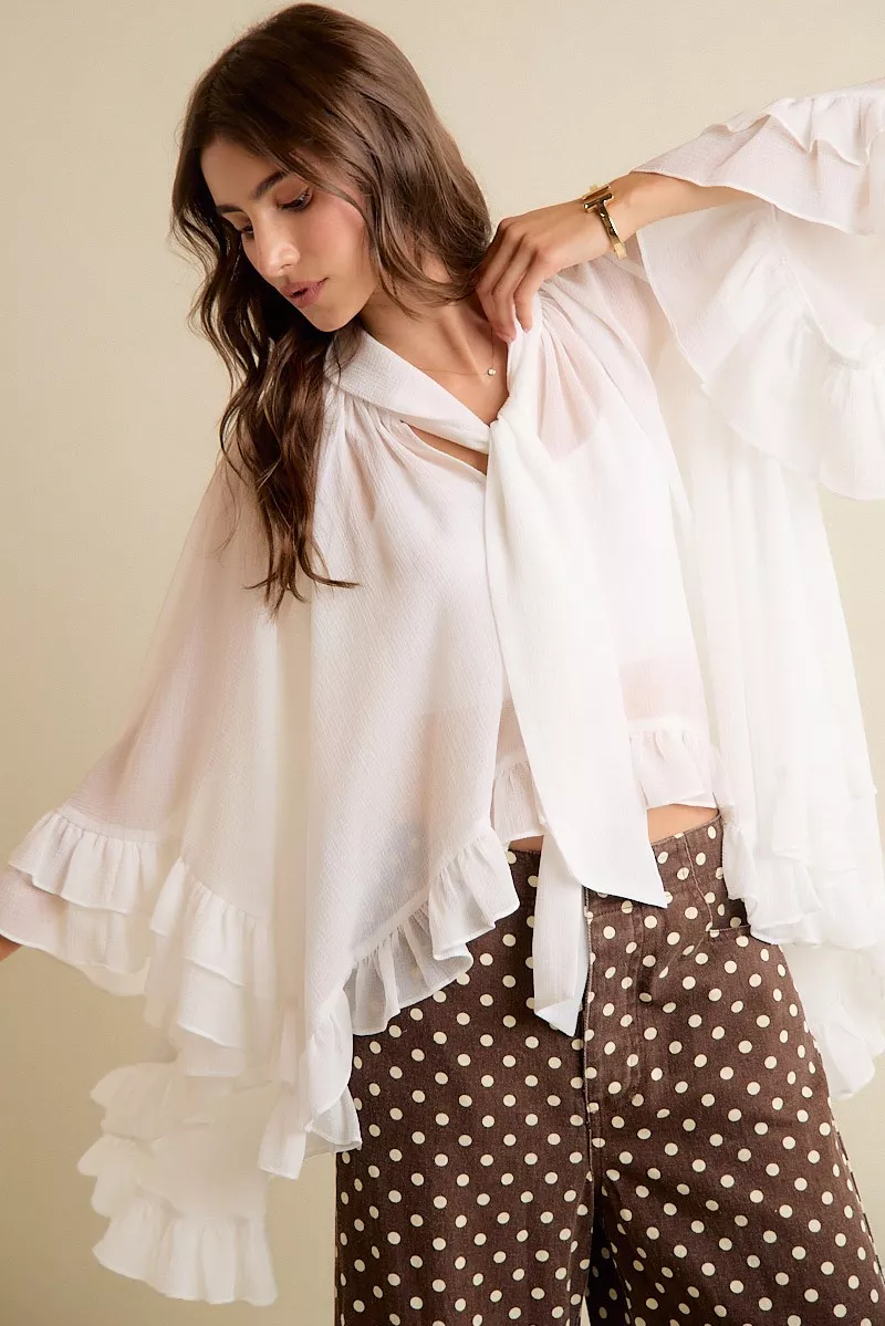 Sheer Ruffle Bell Sleeves Bow Tie Flowy Blouse Top, image 4