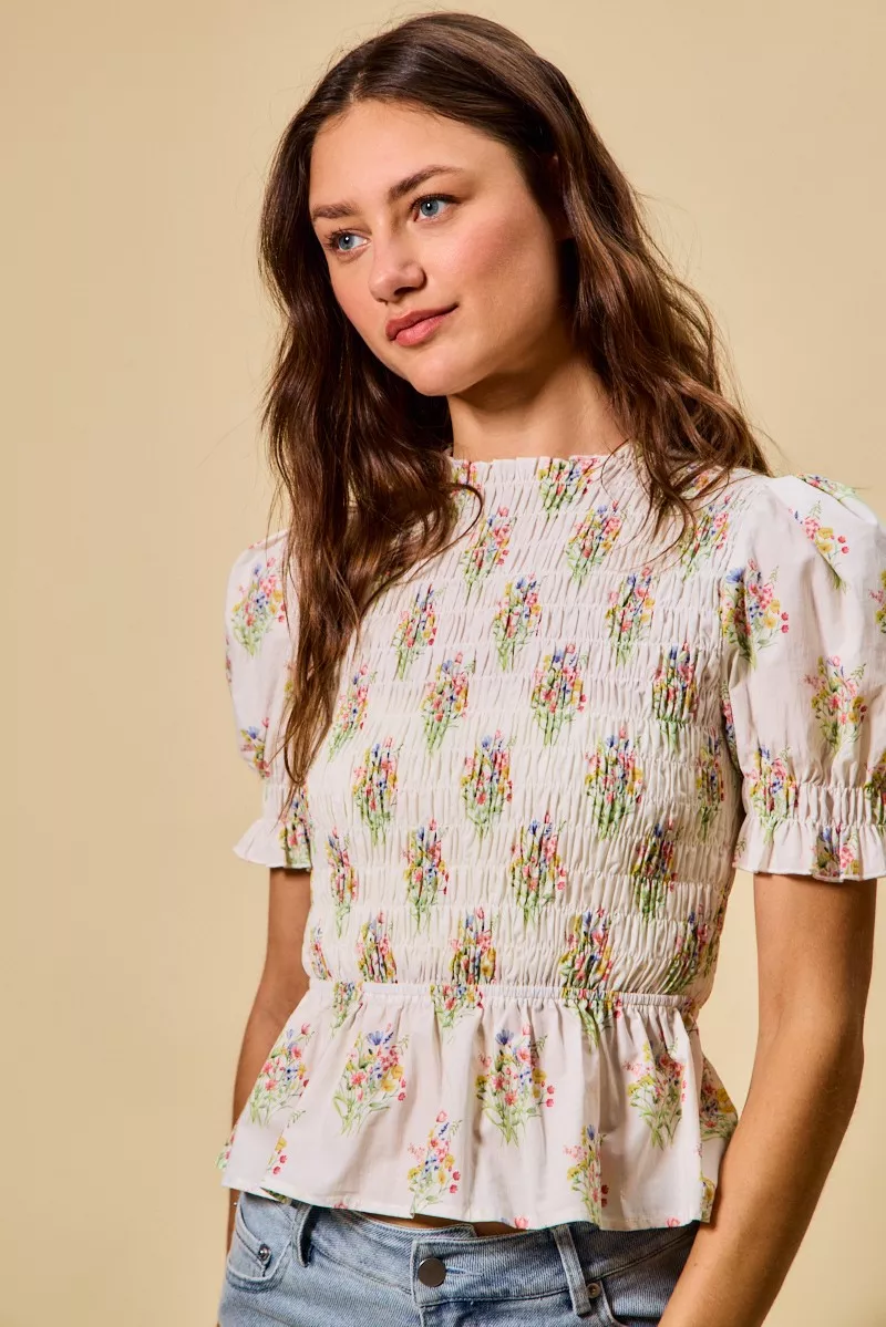 Floral Cotton Smocked Short Sleeves Blouse, image 12