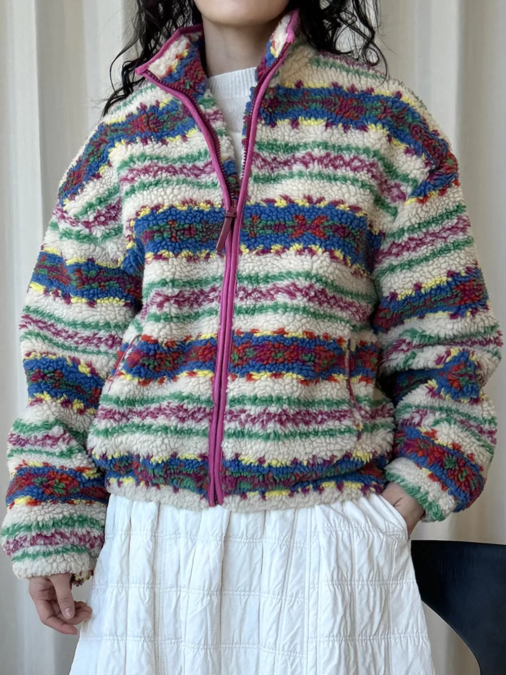 Colorful Patterned Sherpa Zip-Up Jacket
