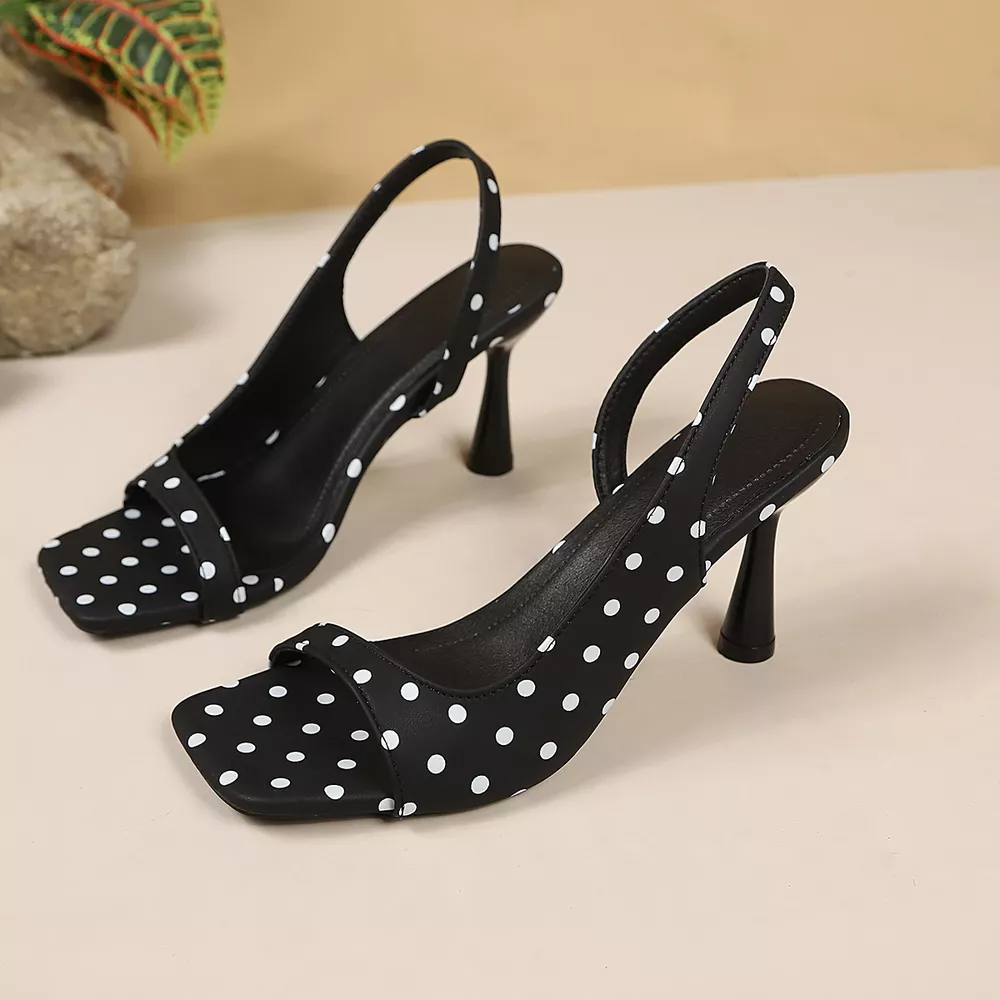 Polka Dot Open Toe Flare Heels Sandals, image 6