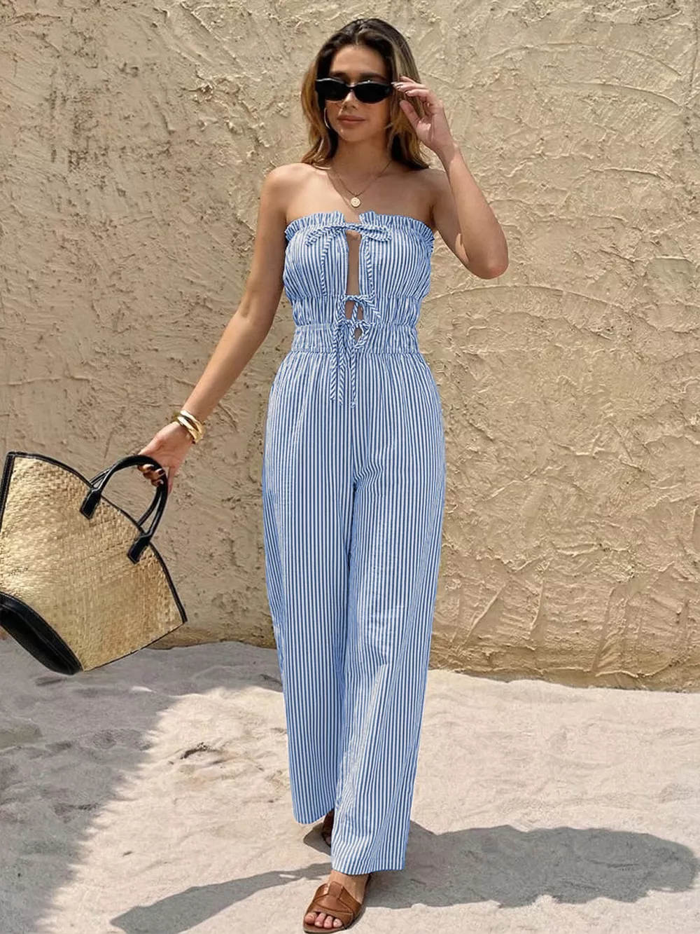 Striped Strapless Tie Front Wide Leg Jumpsuit, image 5