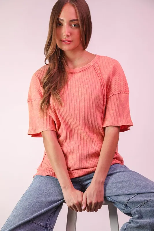 Mineral Washed Ribbed Knit Casual Top, image 3