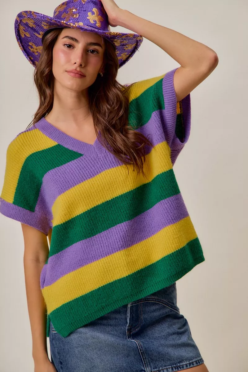 Mardi Gras Loose Fit V Neck Stripe Sweater Top, image 8