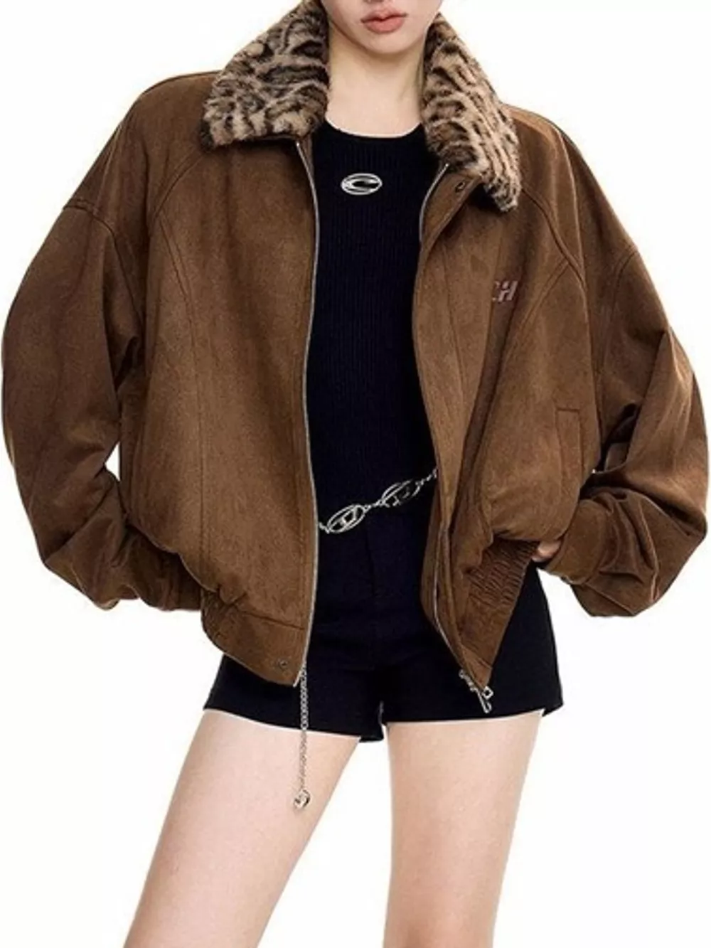 Faux Fur Collar Zip Up Jacket