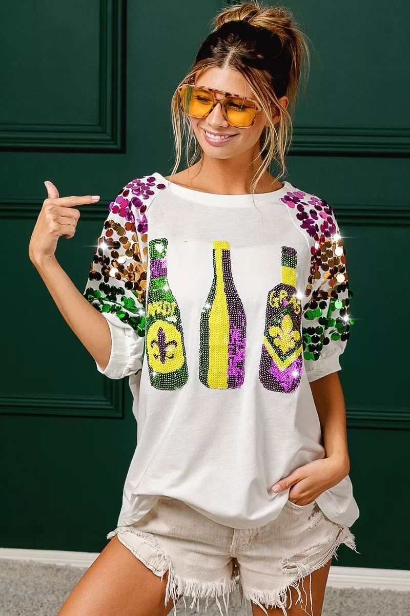 Sequin Mardi Gras Bottles Spangled Sleeve Top, image 23