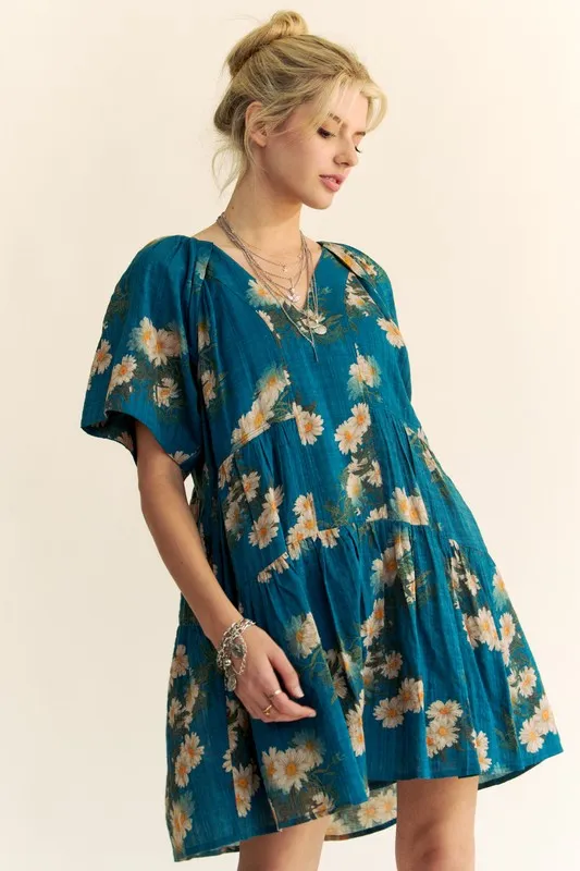 Floral Print Short Bell Sleeve Pleated Mini Dress, image 4