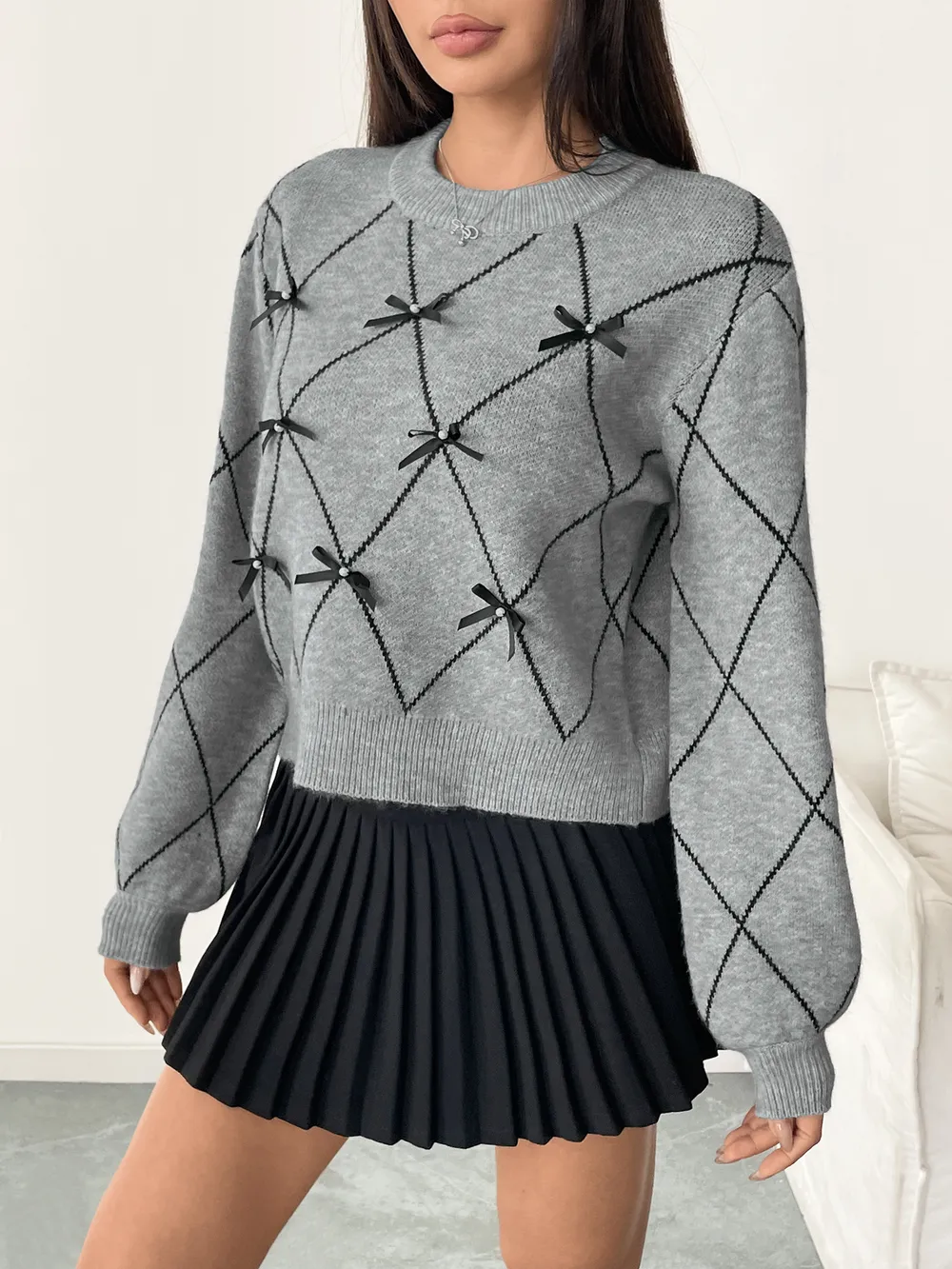 Diamond Pattern Bow Detail Sweater, image 4