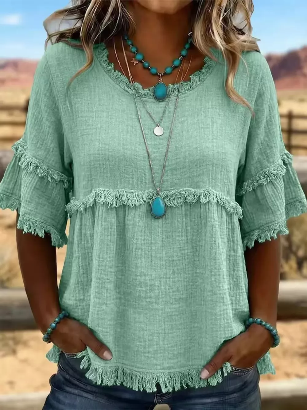 Full Size Frayed Edge Textured Blouse Plus Size, image 5