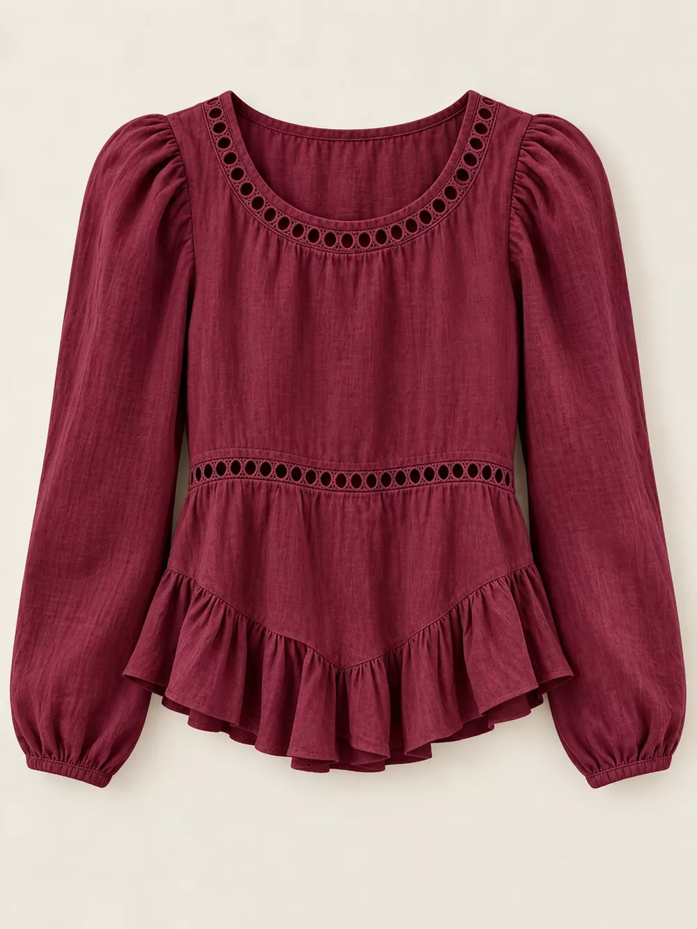Long Sleeve Blouse with Eyelet Lace Trim and Ruffled Hem, image 16