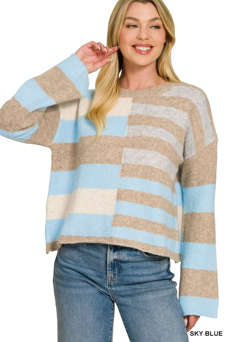 Zenana Lightweight Wool Blend Color Block Sweater, image 2