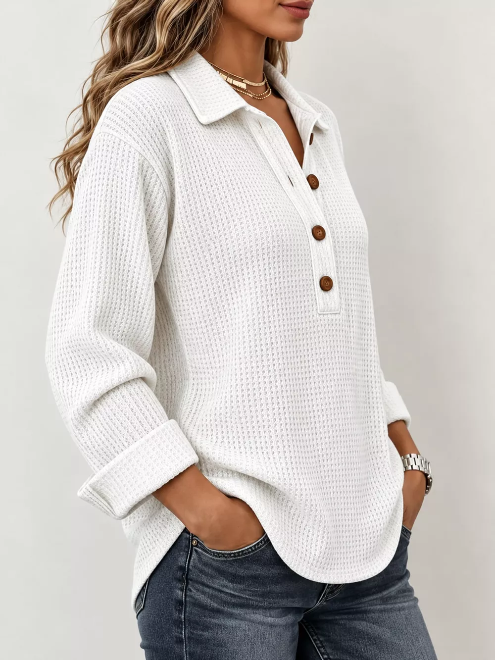 Full Size Waffle Knit Long Sleeve Polo Top Plus Size, image 21