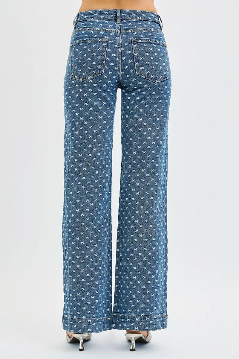 High Rise Wide Leg Bow Embroidered Jeans, image 6