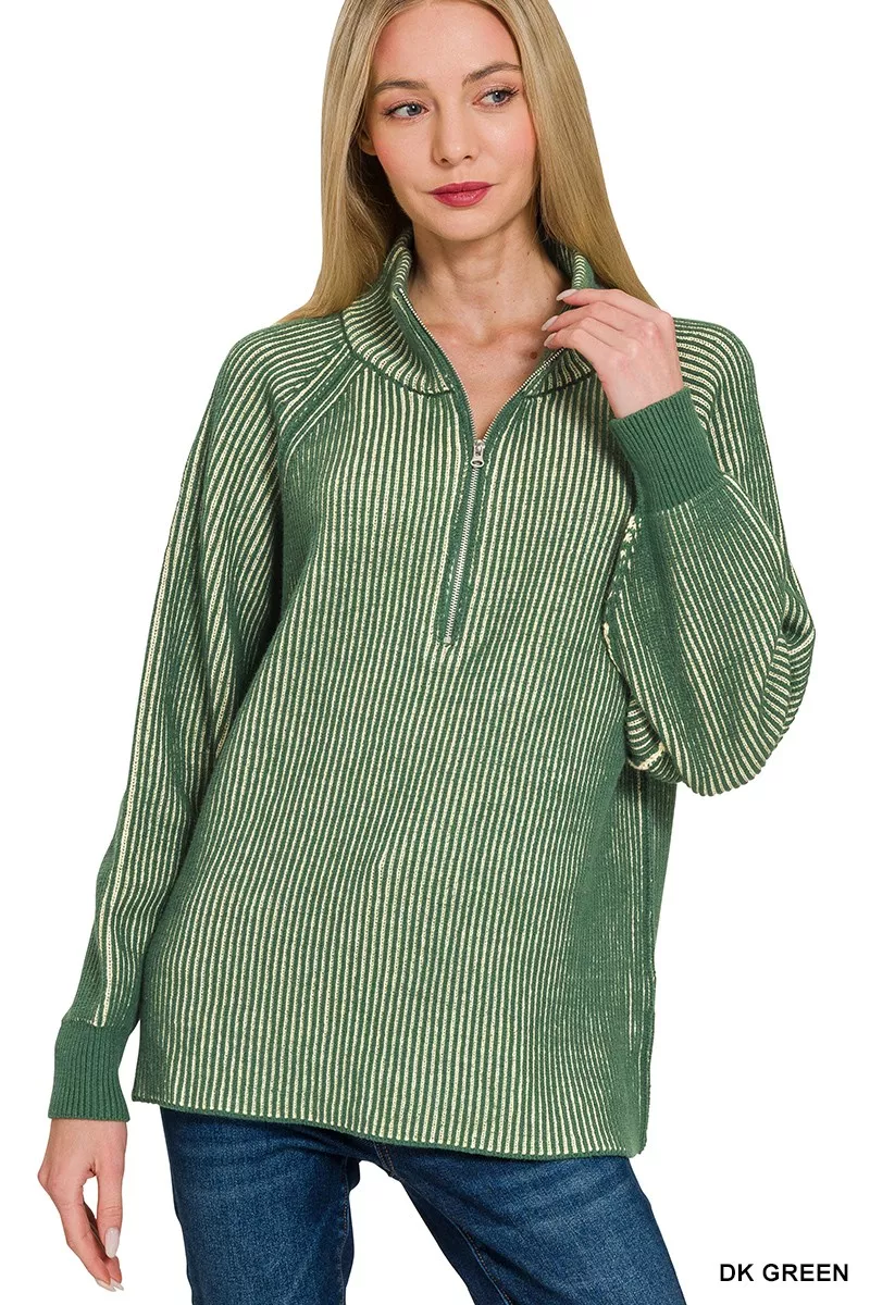 Ribbed Two Tone Half Zip Sweater, image 4