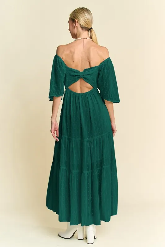 Swiss Dotted Ruched Ruffle Open Back Midi Dress, image 4