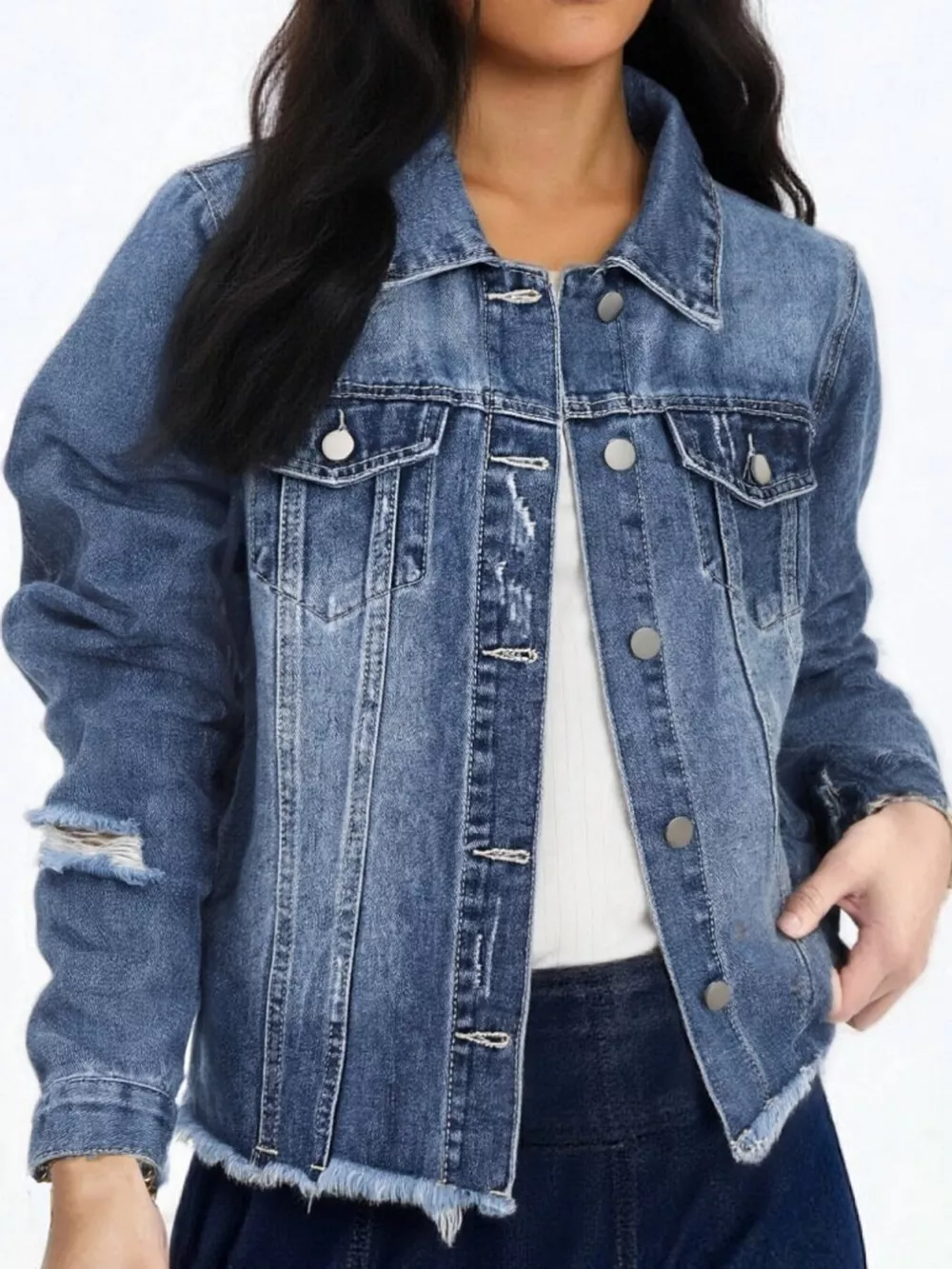 Distressed Raw Hem Denim Jacket, image 6